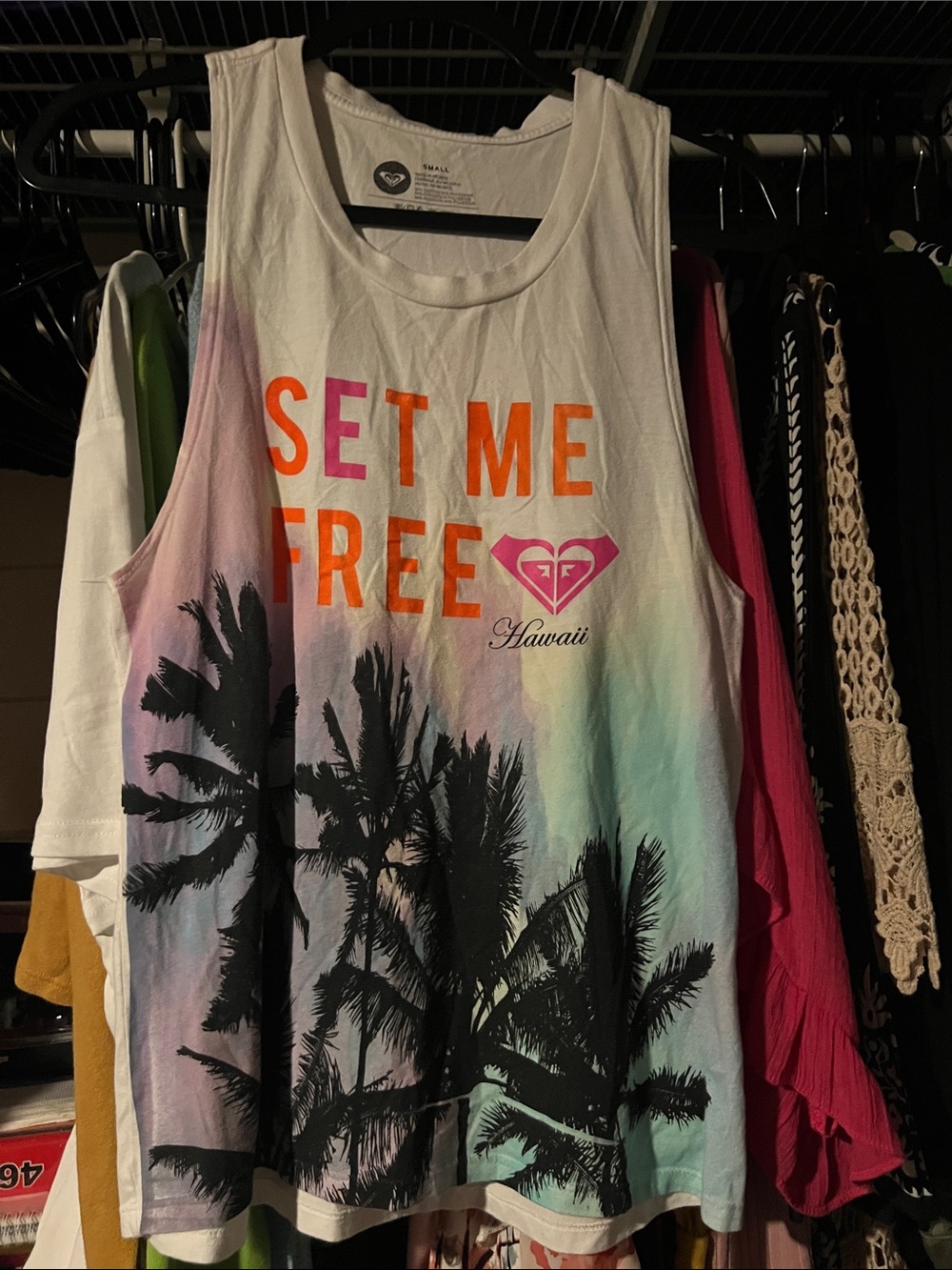Roxy White Tank Top with Multicolor Pastel Gradient and Black Palm Print